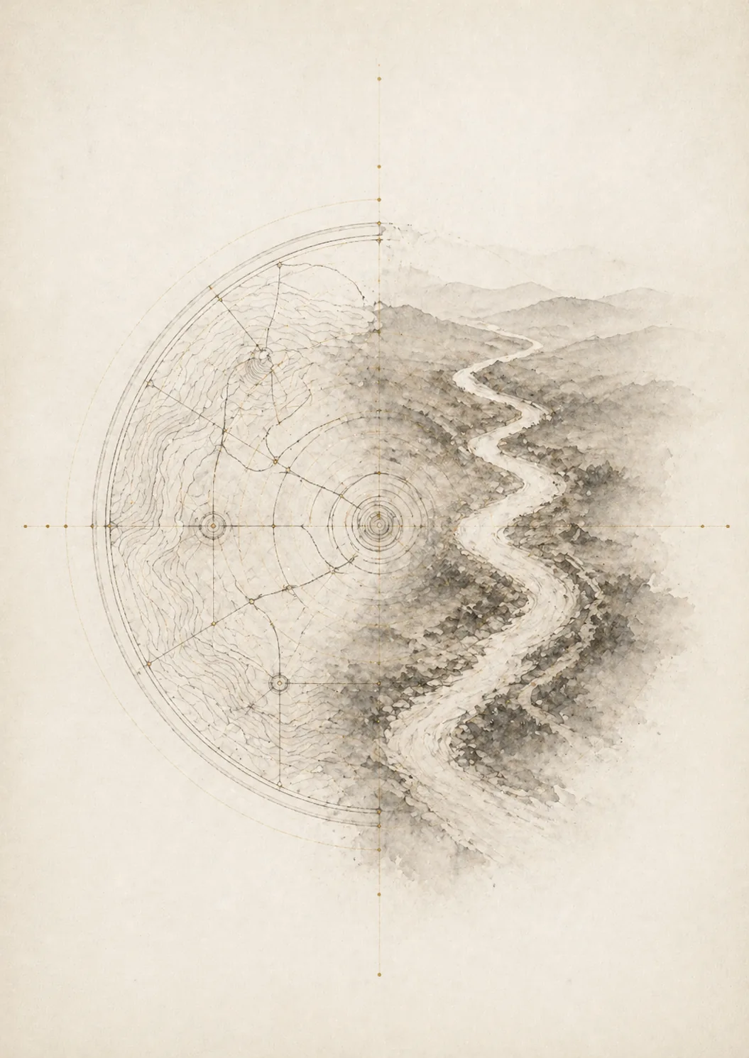 Ink and gold illustration: a circular technical map dissolving into the real river valley it describes &mdash; the map is not the territory
