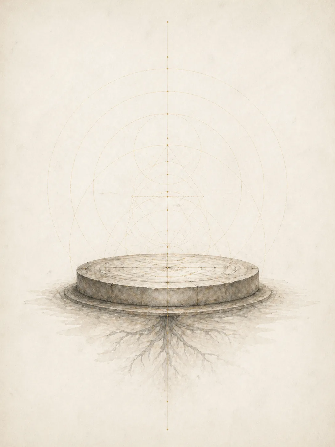 Ink and gold illustration: a circular stone platform with roots reaching deep underground and fine geometric construction lines rising above it &mdash; stillness as the platform every practice is built on